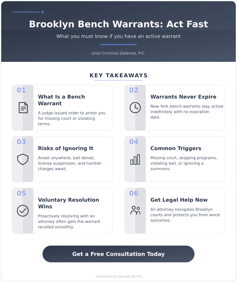 Infographic: Bench Warrant in Brooklyn - What Happens If You Ignore It and What to Do If You Just Found Out You Have One - Key concepts and takeaways