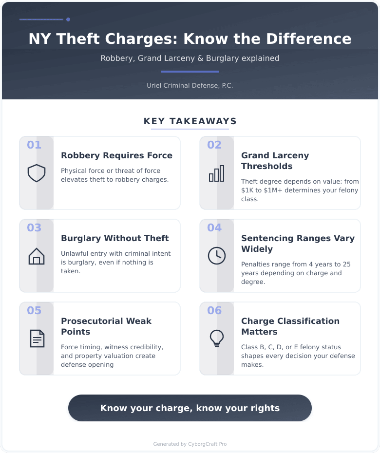 Infographic: Robbery vs. Grand Larceny vs. Burglary in New York - What Makes Each Charge Different and Why the Distinction Changes Everything - Key concepts and takeaways