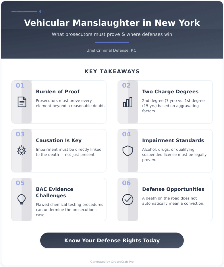 Infographic: Vehicular Manslaughter Charges in New York - What Prosecutors Have to Prove and Where Defenses Are Actually Built - Key concepts and takeaways